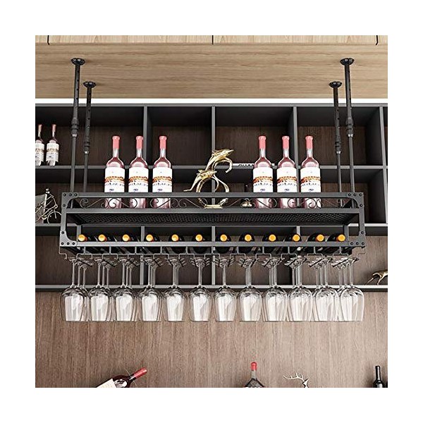 Casier à vin suspendu industriel avec support en verre et étagère, support à verre à vin au plafond réglable, support à verre