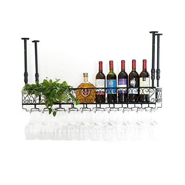 Cadre de verre à vin en verre Casier à vin en métal de plafond, réglable en hauteur, casier à verres à vin en fer multifoncti