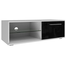 ADGO Sandy Meuble TV avec 2 étagères et 1 compartiment de rangement en verre Blanc mat/noir brillant