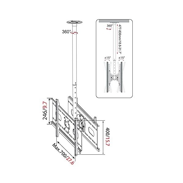 My Wall - HP3L - Fixation Plafond ajustable Universel Ecran charge max. 80kg- taille : 93-160cm - Argent