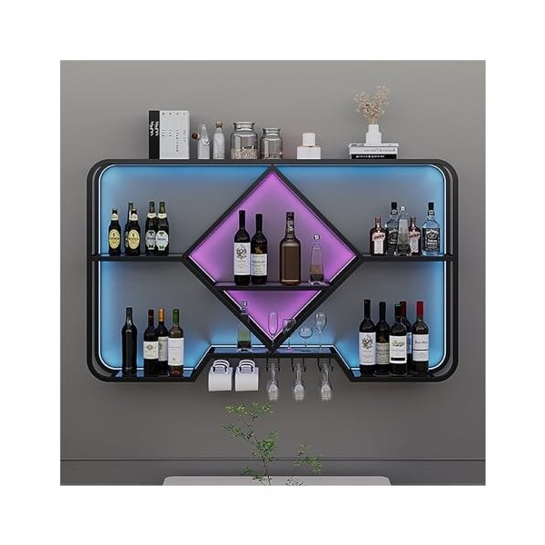 Casier À Vin Mural Contemporain avec Lumière LED, Casier À Vin en Fer, Support en Verre Présentoir De Bouteille De Vin, Porte