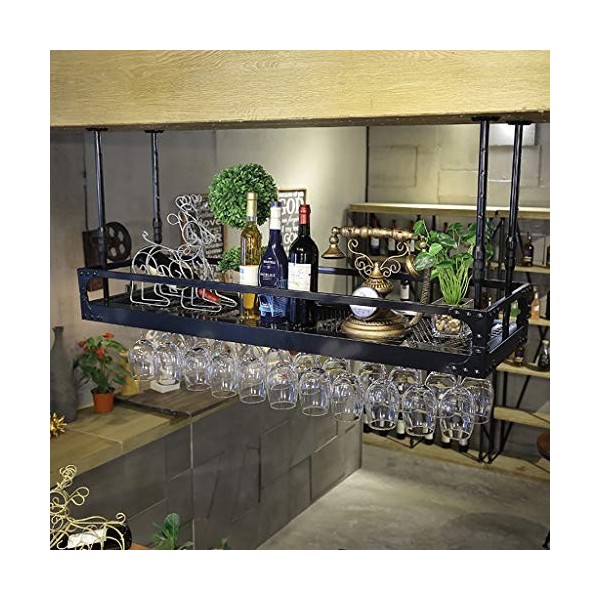 KOHARA Cadre de verre à vin en verre Casier à vin en fer forgé au plafond, hauteur et espacement réglables, porte-gobelet sus