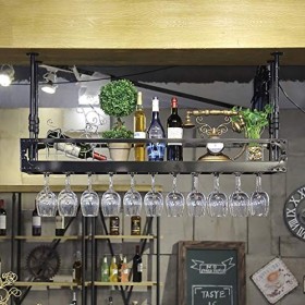 KOHARA Cadre de verre à vin en verre Casier à vin en fer forgé au plafond, hauteur et espacement réglables, porte-gobelet sus