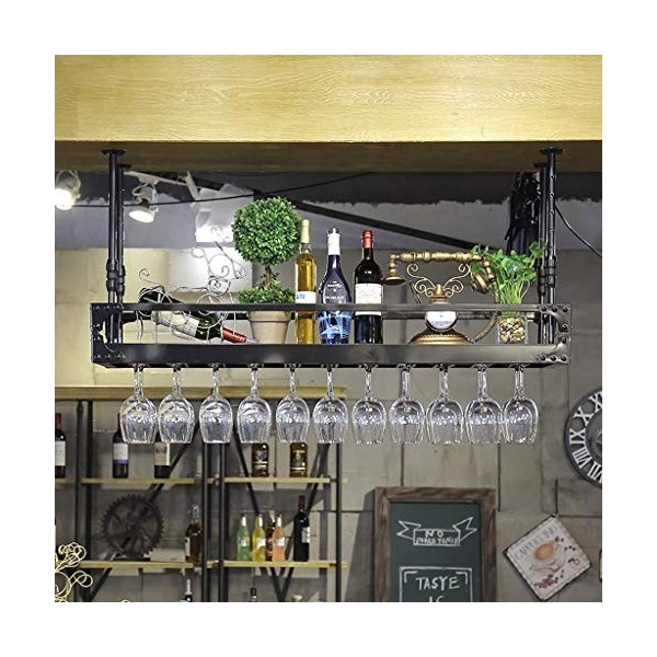 KOHARA Cadre de verre à vin en verre Casier à vin en fer forgé au plafond, hauteur et espacement réglables, porte-gobelet sus