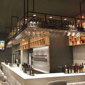 Casier à vin, bar, restaurant, casier à verres à vin, porte-bouteille de vin en bois massif à 2 niveaux avec lumière, fer ind