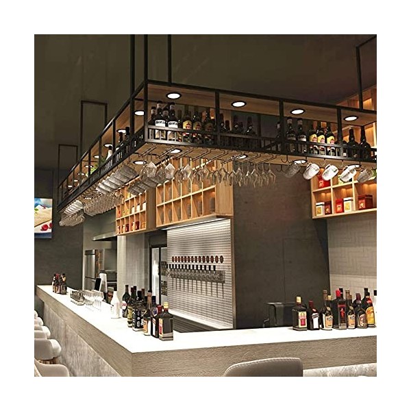 Casier à vin, bar, restaurant, casier à verres à vin, porte-bouteille de vin en bois massif à 2 niveaux avec lumière, fer ind