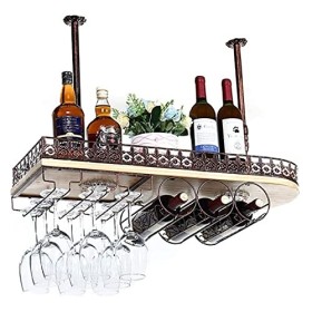 Casier à vin suspendu avec support en verre et étagère, support de verre à vin à lenvers, support à vin mural rustique, casi