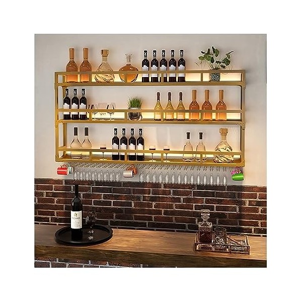 Étagère à Vin Murale Casier À Vin LED Mural, Porte-verres À Vin Industriel En Métal Suspendu, Porte-bouteille Rustique, Suppo