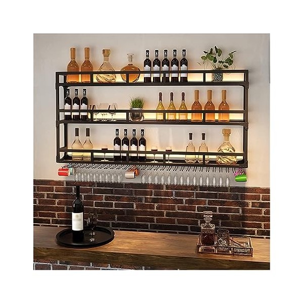 Étagère à Vin Murale Casier À Vin LED Mural, Porte-verres À Vin Industriel En Métal Suspendu, Porte-bouteille Rustique, Suppo