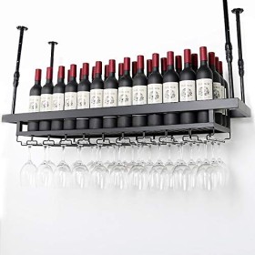 Casier à vin et à verre mural industriel, support à verre à vin de barre de plafond en métal réglable, étagère à vin suspendu