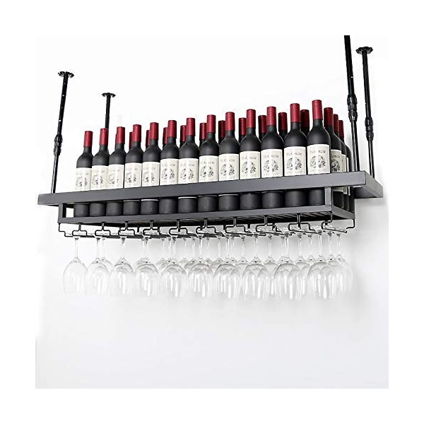 Casier à vin et à verre mural industriel, support à verre à vin de barre de plafond en métal réglable, étagère à vin suspendu