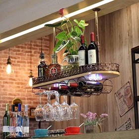 Barware Bar Casier À Vin Cadre en Verre À Vin Gobelets Suspendus Cintres À Vin À lenvers avec Lumières Plafond Support À Vin