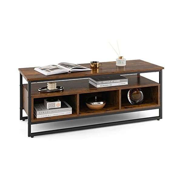 COSTWAY Meuble TV Industriel, Table Basse Indusrielle avec 3 Compartiments et Cadre en Métal, Meuble TV Bois à 2 Étagères pou