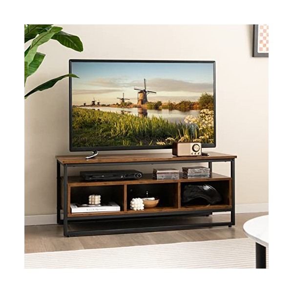 COSTWAY Meuble TV Industriel, Table Basse Indusrielle avec 3 Compartiments et Cadre en Métal, Meuble TV Bois à 2 Étagères pou