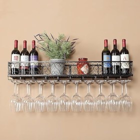 Casier à vin Porte-bouteille et verre, casier à vin mural en métal, casier à vin pour mur, casier à vin suspendu avec étagère