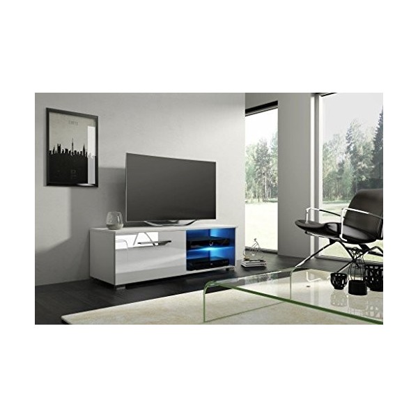 Selsey Tenus Single Meuble TV Bas, Blanc, LED en Bleu, 100 x 40 x 34 cm