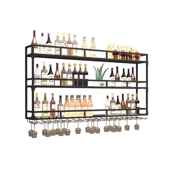 AARONG Casier à vin autoportant, armoires à vin murales, étagères flottantes en métal – Casier à vin mural avec gobelet suspe
