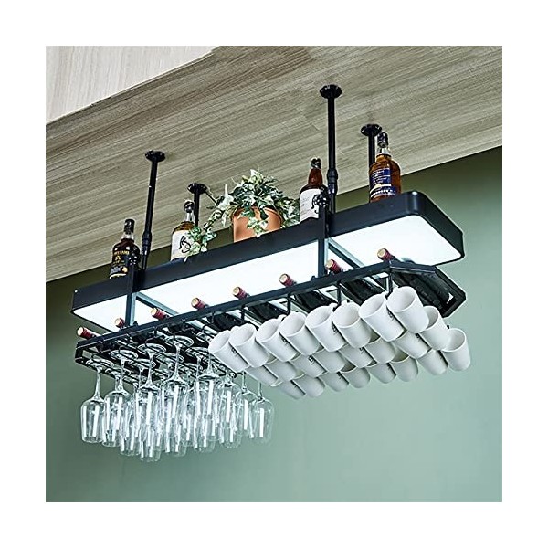 Support de verre à vin suspendu, casier à vin noir, avec boîte à lumière, flèche réglable, casier à vin multifonctionnel dome