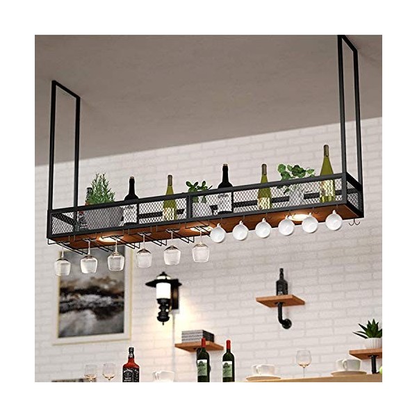 KARFRI Casier à vin Suspendu avec Support en Verre et étagère, Support Mural à LED en métal/Fer pour Bar à vin, Support à Ver