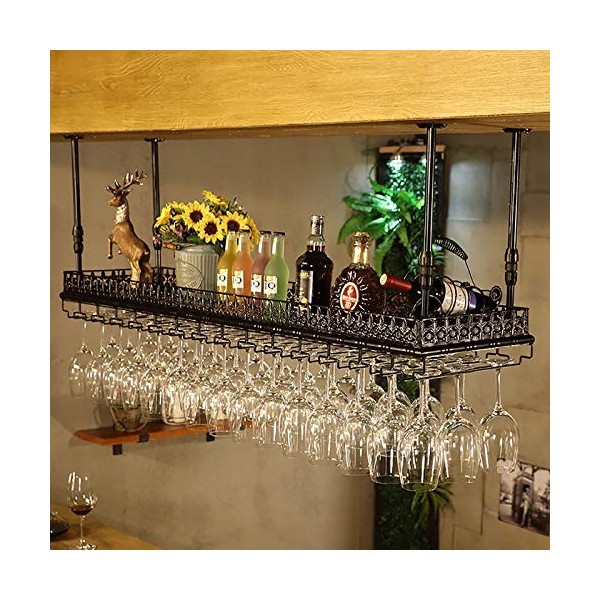 Étagère flottante industrielle vintage pour bar, casier à vin en métal au plafond, porte-gobelet suspendu, hauteur réglable, 