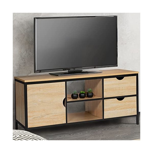 IDMarket - Meuble TV Detroit 2 tiroirs avec Placard Design Industriel 113 cm