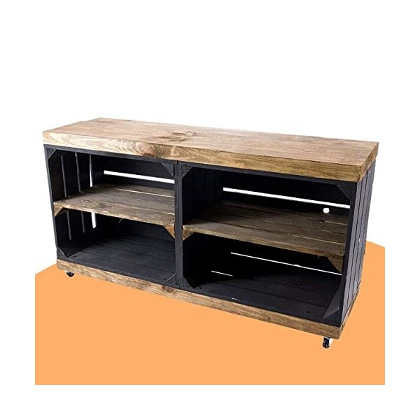 Truhenking Meuble TV en caisses noires et « usé » sur roulettes - 100 x 30 x 50 cm - Meuble TV classique - Pour le salon