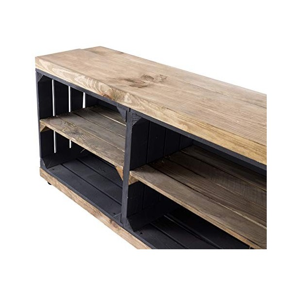 Truhenking Meuble TV en caisses noires et « usé » sur roulettes - 100 x 30 x 50 cm - Meuble TV classique - Pour le salon