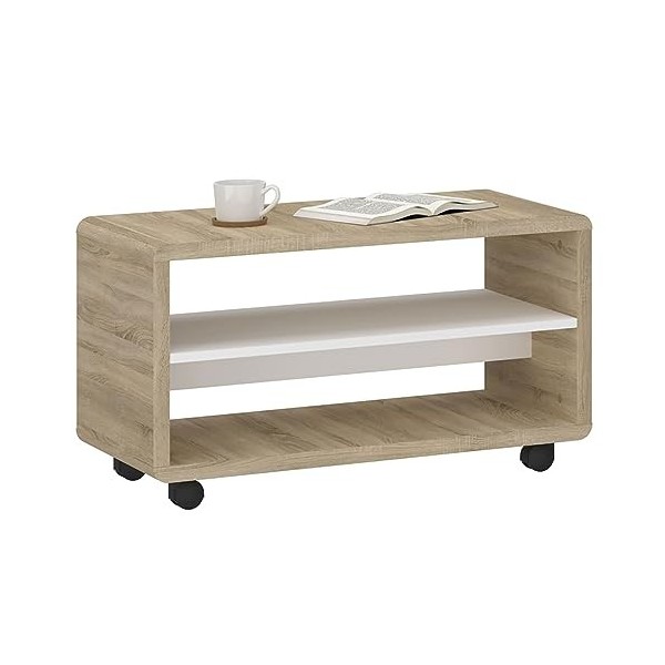 IDIMEX Meuble TV sur roulettes ISABA avec 2 niches de Rangement, Meuble télé en mélaminé chêne Sonoma et Blanc