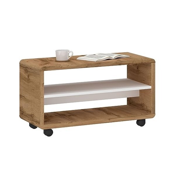 IDIMEX Meuble TV sur roulettes ISABA avec 2 niches de Rangement, Meuble télé en mélaminé chêne Sonoma et Blanc