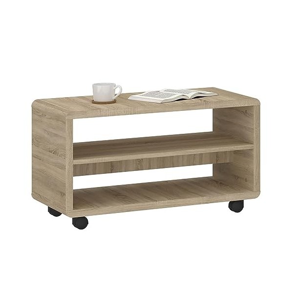 IDIMEX Meuble TV sur roulettes ISABA avec 2 niches de Rangement, Meuble télé en mélaminé chêne Sonoma et Blanc