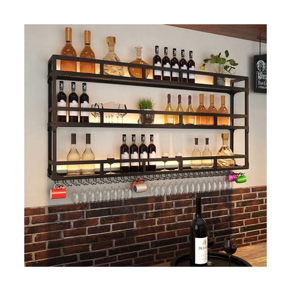 AARONG Casier à vin autoportant, armoires à vin murales, étagères flottantes en métal – Casier à vin mural avec gobelet suspe
