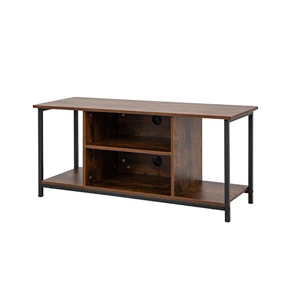 GOPLUS Meuble TV avec 4 Étagères Ouvertes, Console TV avec 2 Trous de Gestion des Câbles et Pieds Surélevés, Meuble de Rangem