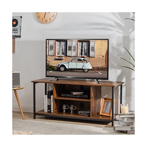 GOPLUS Meuble TV avec 4 Étagères Ouvertes, Console TV avec 2 Trous de Gestion des Câbles et Pieds Surélevés, Meuble de Rangem