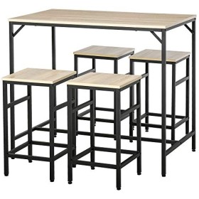 HOMCOM Ensemble Table de Bar Industriel + 4 tabourets Repose-Pieds en Bois Couleur Chêne Clair Cadre en métal Noir