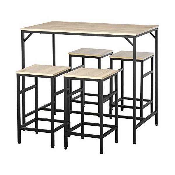HOMCOM Ensemble Table de Bar Industriel + 4 tabourets Repose-Pieds en Bois Couleur Chêne Clair Cadre en métal Noir