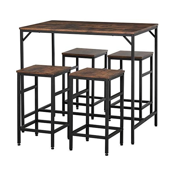 HOMCOM Ensemble Table de Bar Industriel + 4 tabourets Repose-Pieds en Bois Couleur Chêne Clair Cadre en métal Noir