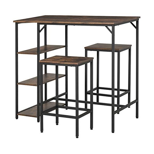 HOMCOM Ensemble Table de Bar 3 étagères 2 tabourets Style Industriel métal Noir Aspect Vieux Bois veinage