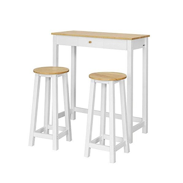 SoBuy FWT50-WN Set de 1 Table + 2 Tabourets Ensemble Table de Bar bistrot + 2 tabourets avec Repose-Pieds Table Mange-Debout