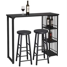 WOLTU 1 X Table de Bar Table de Bistrot avec 3 tablettes + 2 X Tabourets de Bar Structure en métal Plateau en MDF,Noir BT26sz