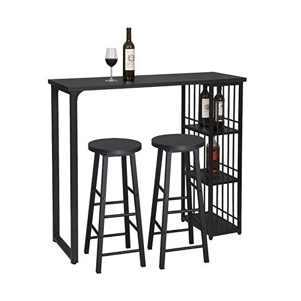 WOLTU 1 X Table de Bar Table de Bistrot avec 3 tablettes + 2 X Tabourets de Bar Structure en métal Plateau en MDF,Noir BT26sz