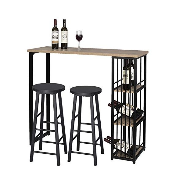 WOLTU 1 X Table de Bar Table de Bistrot avec 3 tablettes + 2 X Tabourets de Bar Structure en métal Plateau en MDF,Noir BT26sz