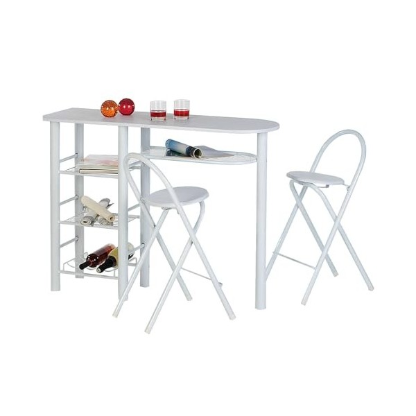 Ensemble STYLE avec table haute de bar mange-debout comptoir avec 3 étagères et 1 porte-bouteilles et 2 chaises/tabourets ave
