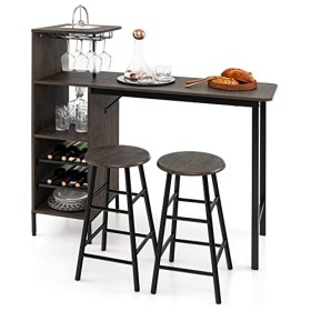 COSTWAY Table Haute avec Tabouret, Mange Debout avec Tabouret Industriel avec Porte-Verre Porte-Bouteilles, Table de Bar avec