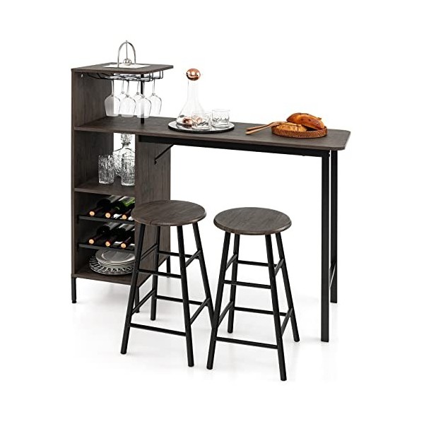 COSTWAY Table Haute avec Tabouret, Mange Debout avec Tabouret Industriel avec Porte-Verre Porte-Bouteilles, Table de Bar avec