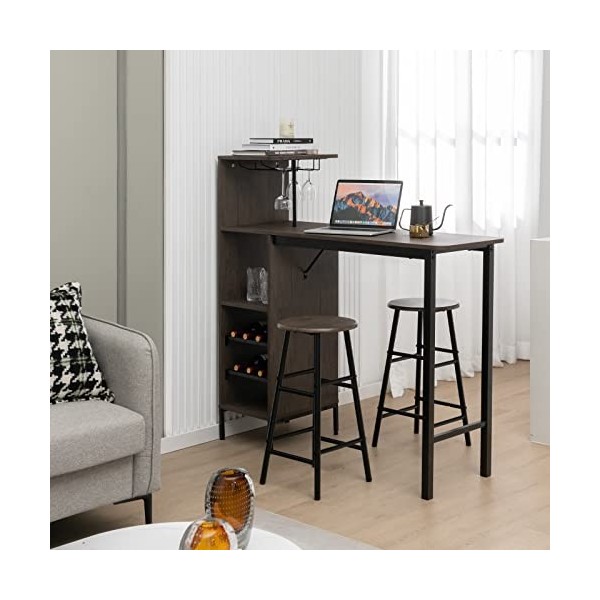 COSTWAY Table Haute avec Tabouret, Mange Debout avec Tabouret Industriel avec Porte-Verre Porte-Bouteilles, Table de Bar avec