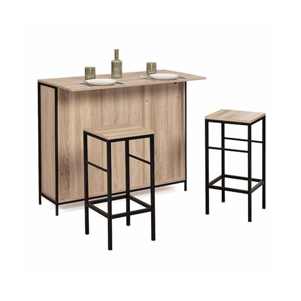 IDMarket - Ensemble Meuble de Bar Detroit avec Plateau Rabattable et 2 tabourets Design Industriel