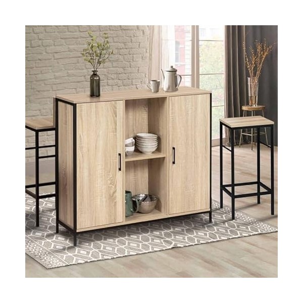 IDMarket - Ensemble Meuble de Bar Detroit avec Plateau Rabattable et 2 tabourets Design Industriel