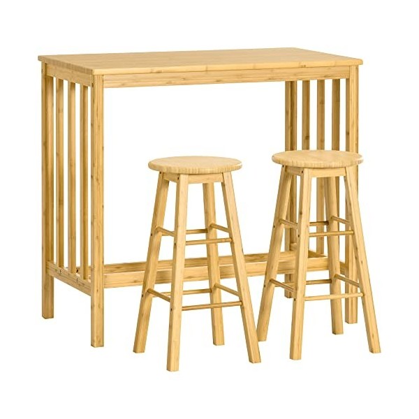 HOMCOM Ensemble Table de Bar rectangulaire + 2 tabourets Ronds Bambou avec Repose-Pieds Table Mange-Debout Table Haute Cuisin