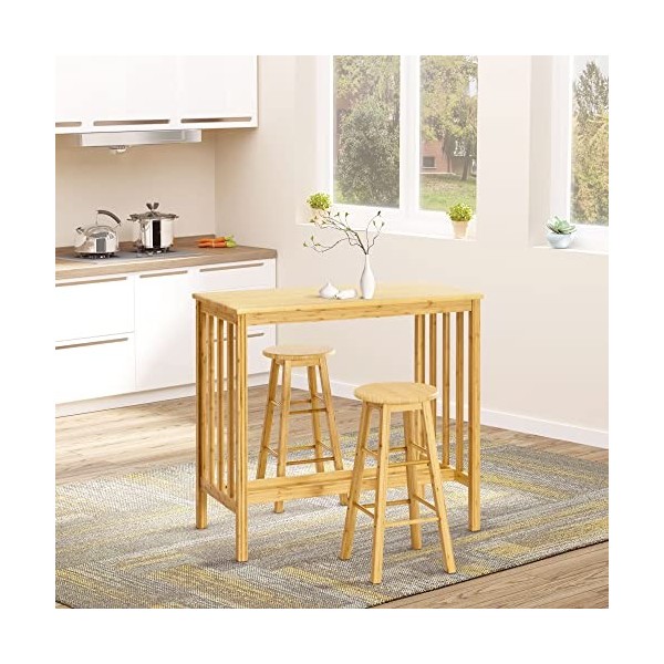 HOMCOM Ensemble Table de Bar rectangulaire + 2 tabourets Ronds Bambou avec Repose-Pieds Table Mange-Debout Table Haute Cuisin