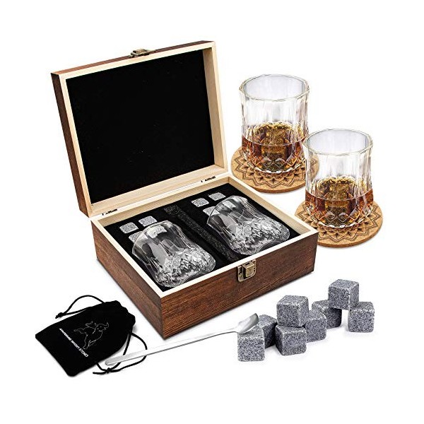 Ensemble de Verres à Whisky - Coffret Cadeau Bois - 8 Glaçons en Pierre Réutilisables - Lot de 2 Verres Cristal à Bar pour Ho